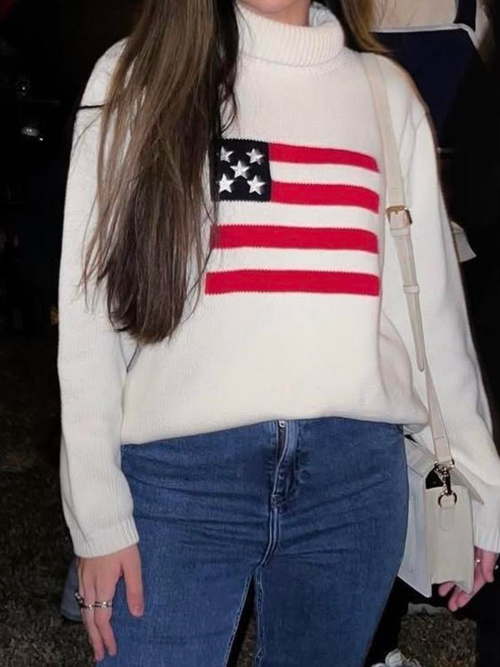 Liz Claiborne Cream Turtleneck Sweater with Red & Navy Flag Accent